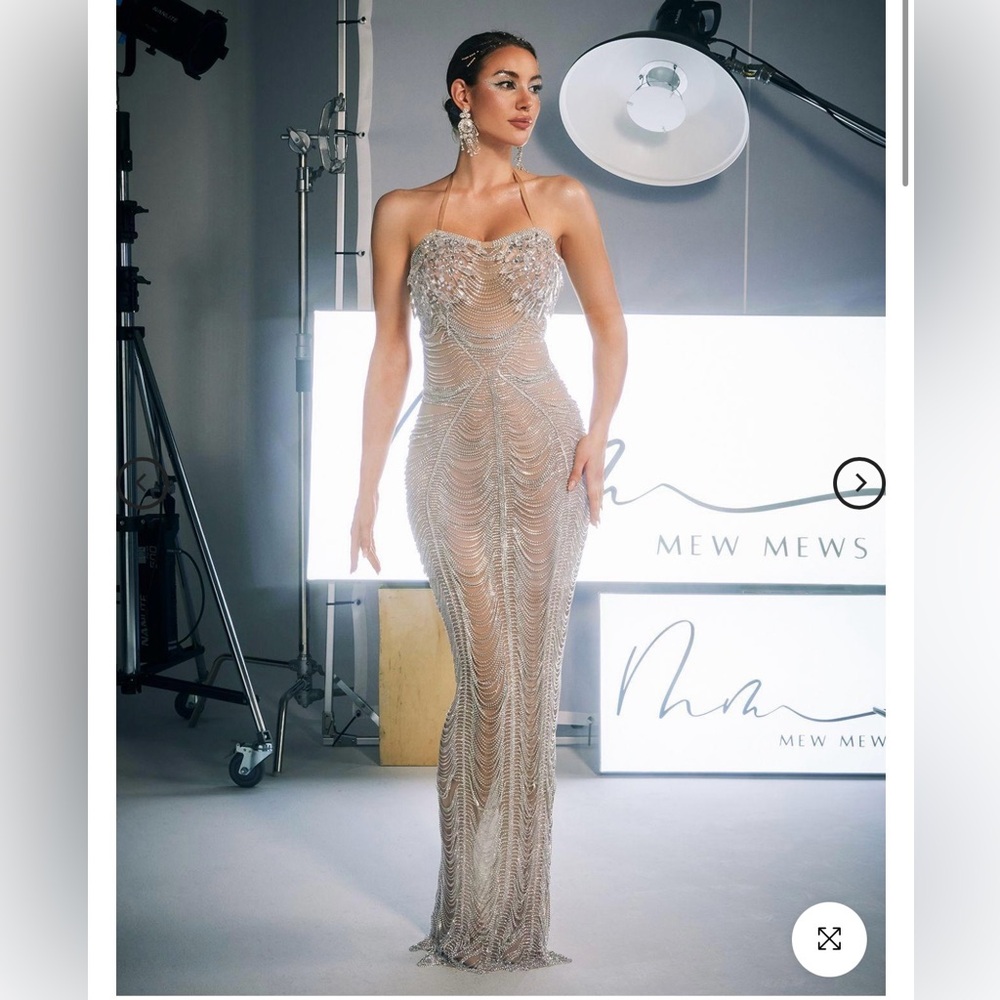 Misael Halterneck Crystal Chain Maxi Dress 
Silver Evening Gown. Size M